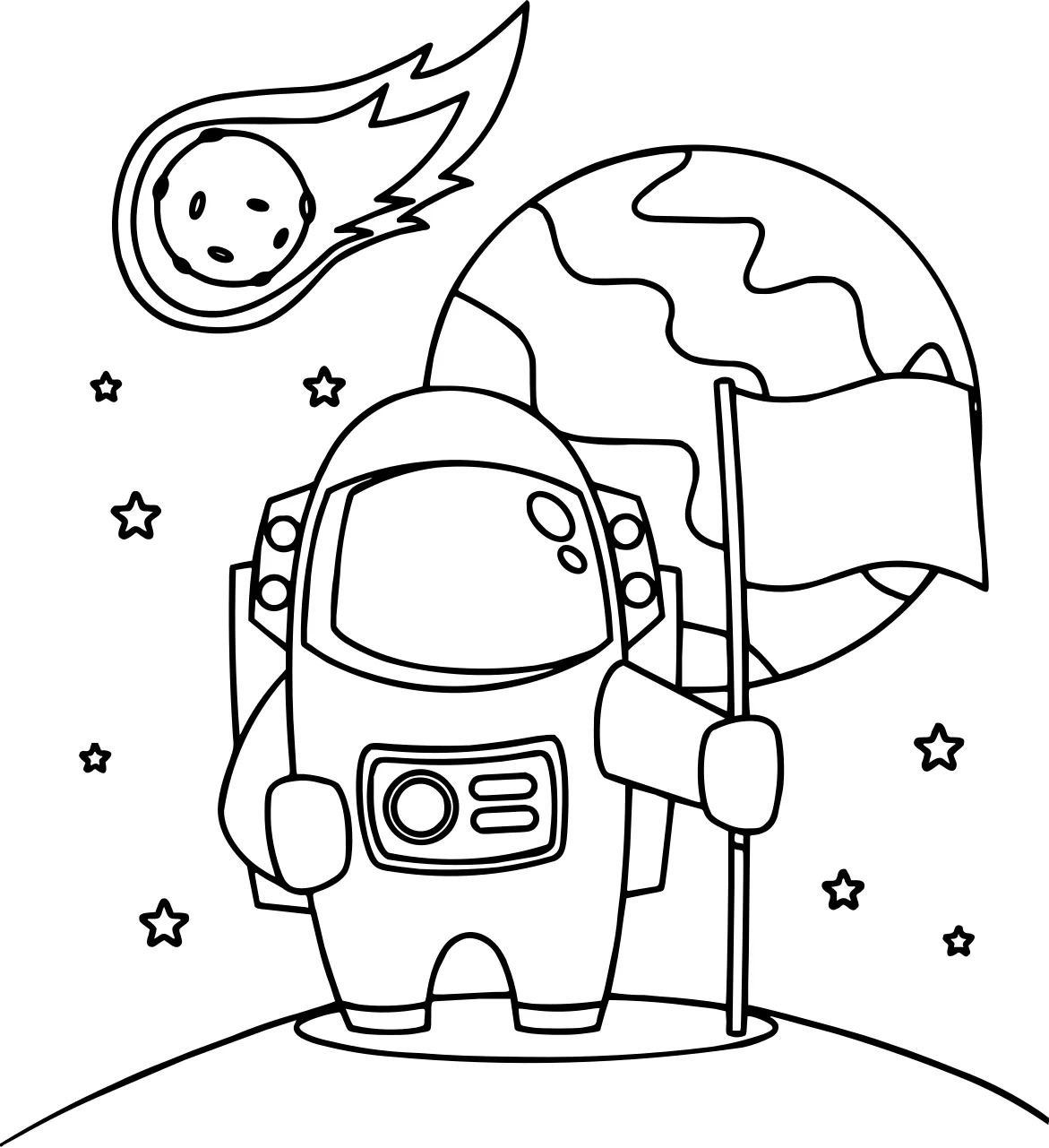 Космонавт водружает флаг №8980. Популярные раскраски. Космос, галактики, звёзды, планеты.