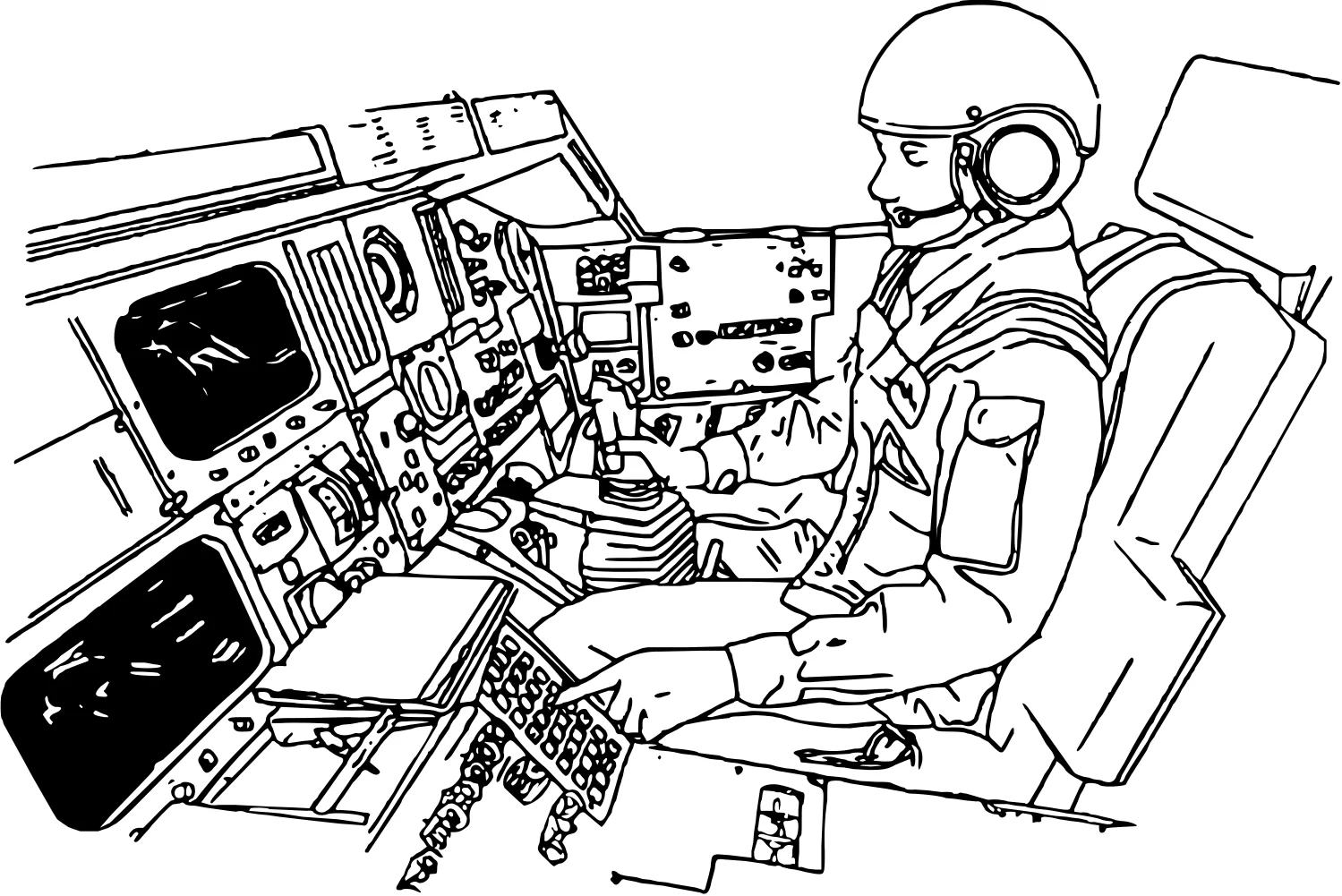 Космос, космонавт за штурвалом ракеты, человек. Распечатать раскраски для мальчиков №8946. Популярные раскраски. Космос, галактики, звёзды, планеты.