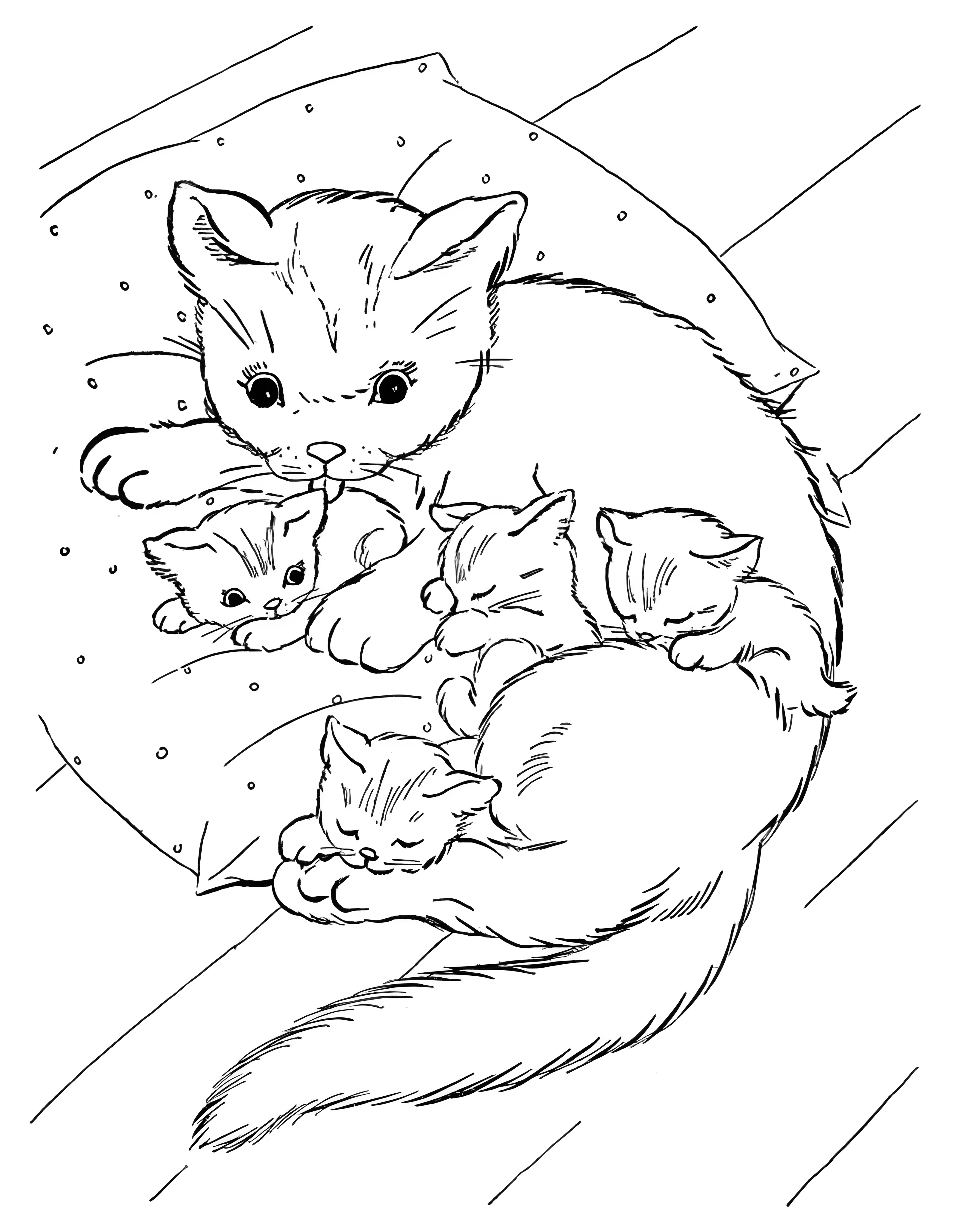 Котята с мамой. Раскраски для девочек №3666. Раскраски для девочек по категориям. Котики.