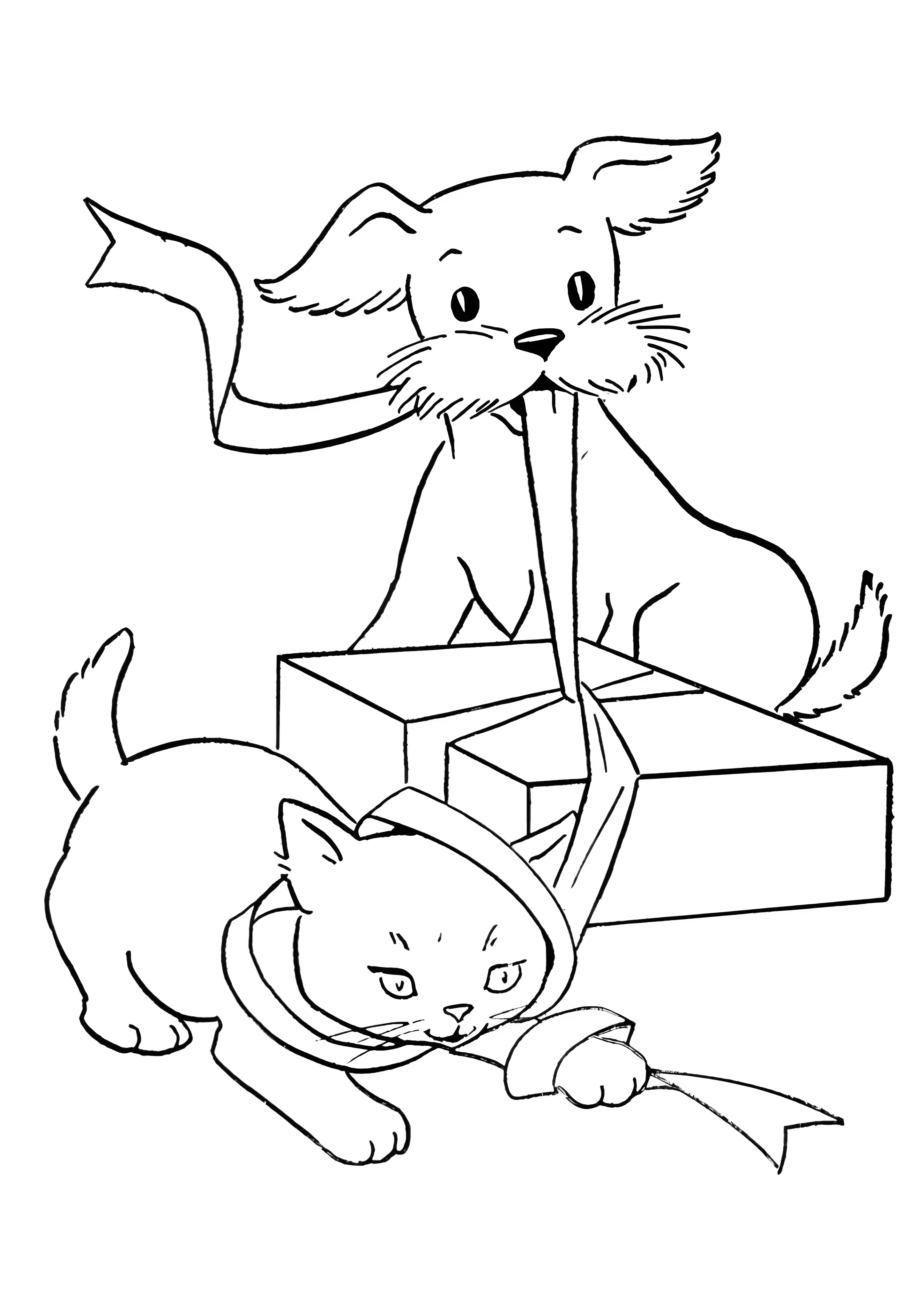 Кошка, собака и подарок №3605. Раскраски для девочек по категориям. Котики.