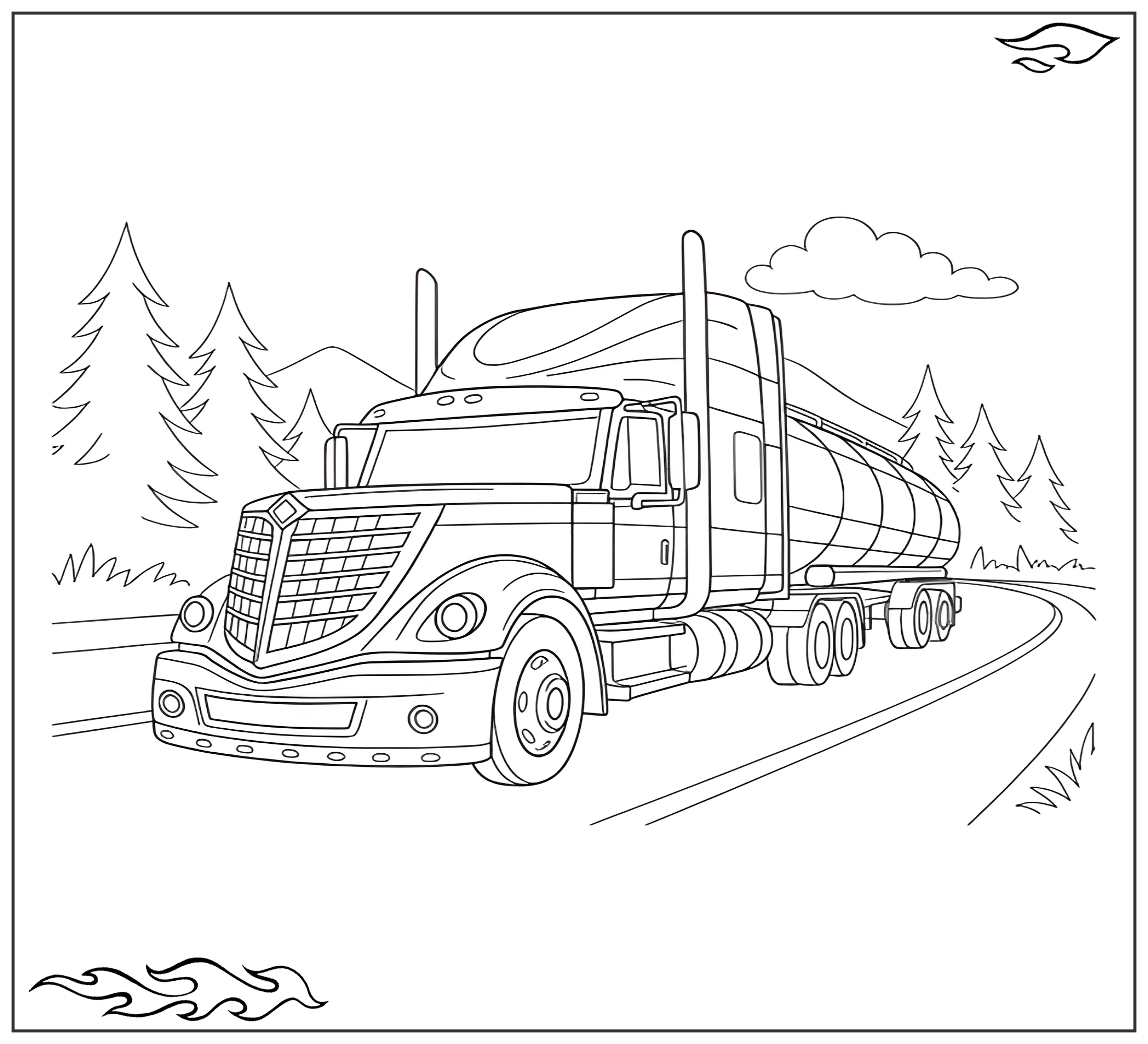 Раскраска «Крутая фура Mack Trucks на дороге в лесу №2324. Раскраски для мальчиков по категориям. Машины.