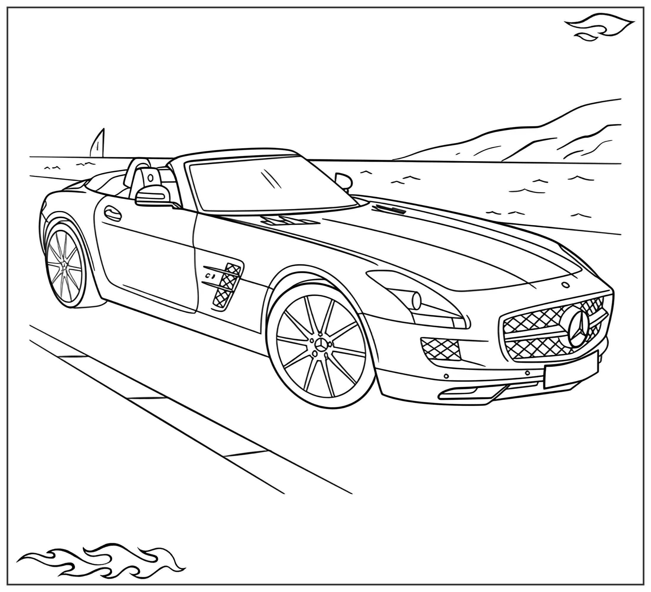 Раскраска «Спортивный Мерседес кабриолет SLS AMG» Раскраска машина А4 №2649. Раскраски для мальчиков по категориям. Машины.