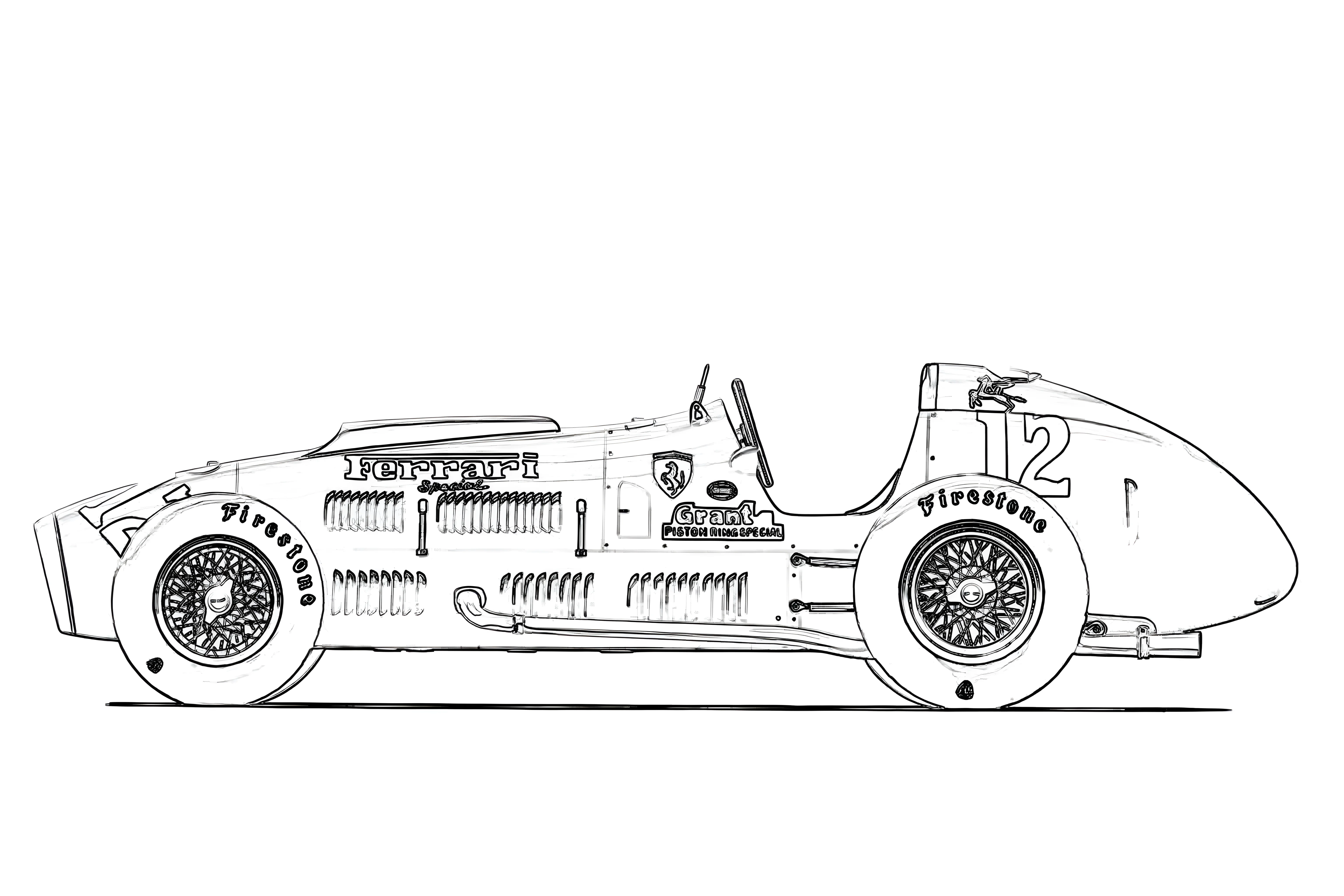 Ferrari 375 Indianapolis 1952 Рисунок-раскраска №3839. Раскраски машины по маркам. Феррари Ferrari.