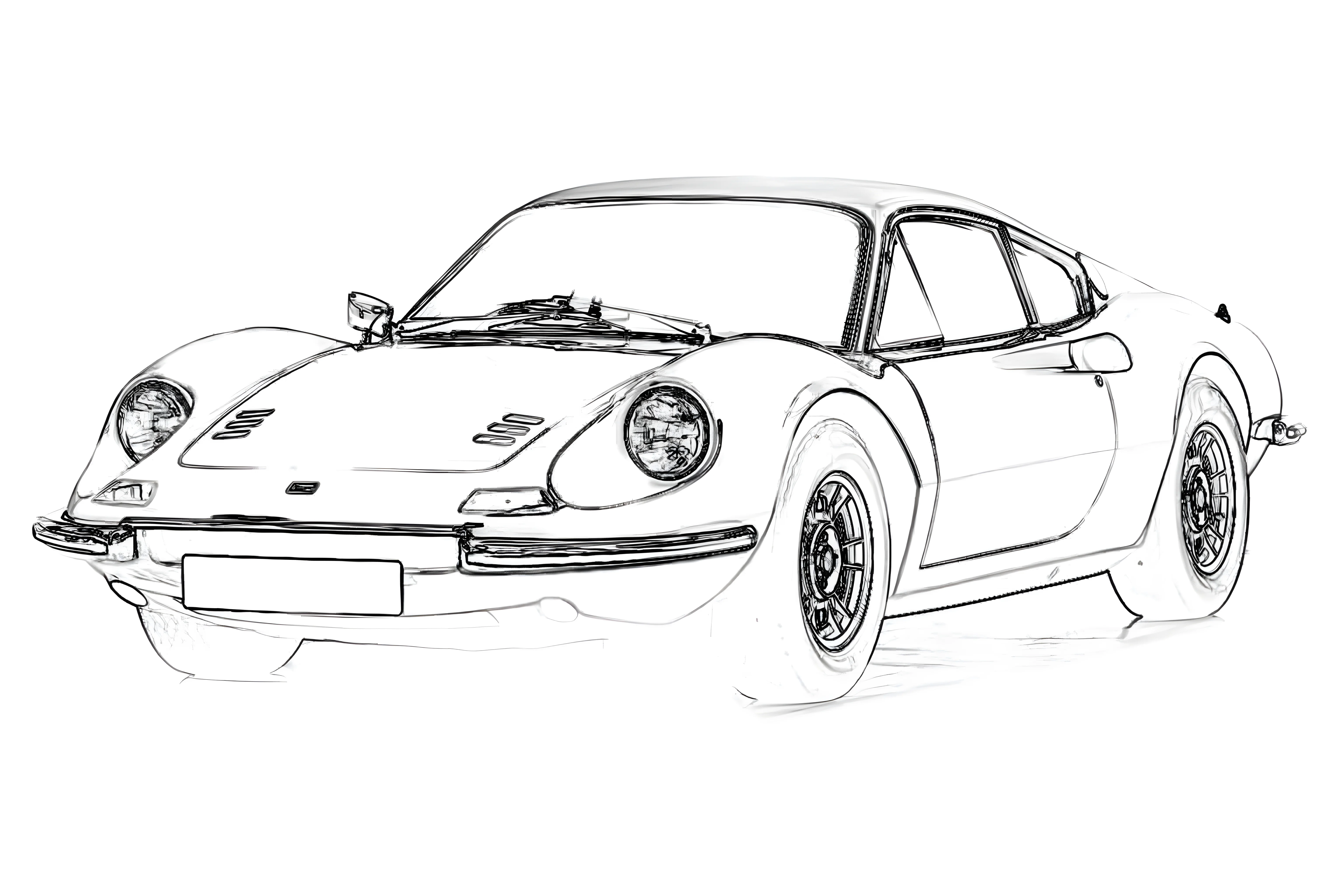 Ferrari Dino 246 1972 Рисунок-раскраска №3848. Раскраски машины по маркам. Феррари Ferrari.