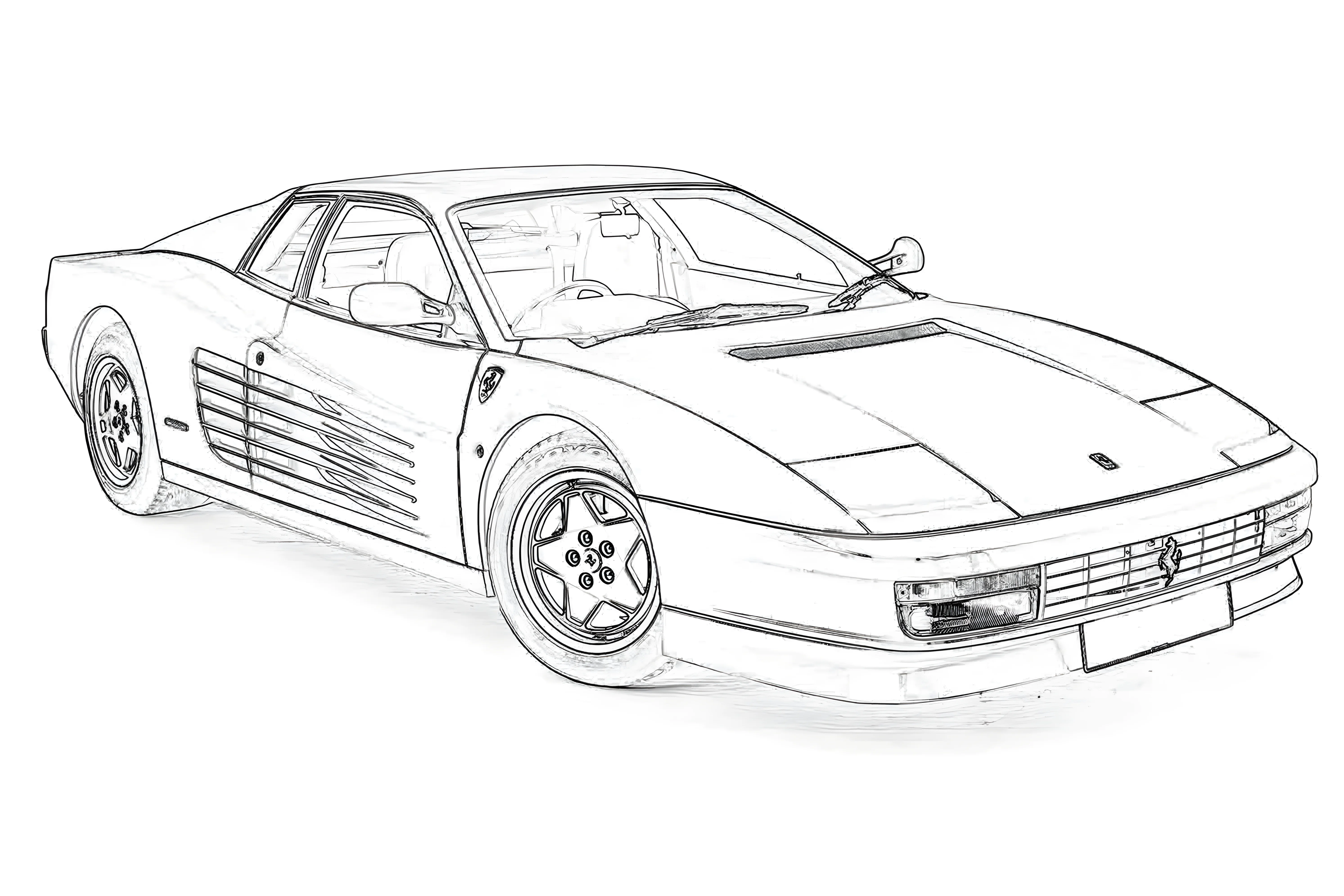 Ferrari Testarossa 1984 Рисунок-раскраска №3851. Раскраски машины по маркам. Феррари Ferrari.