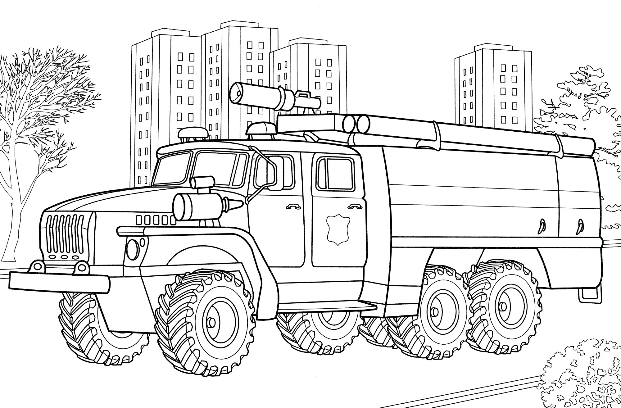 Пожарная машина УРАЛ №4307. Раскраски для мальчиков по категориям. Пожарные машины.