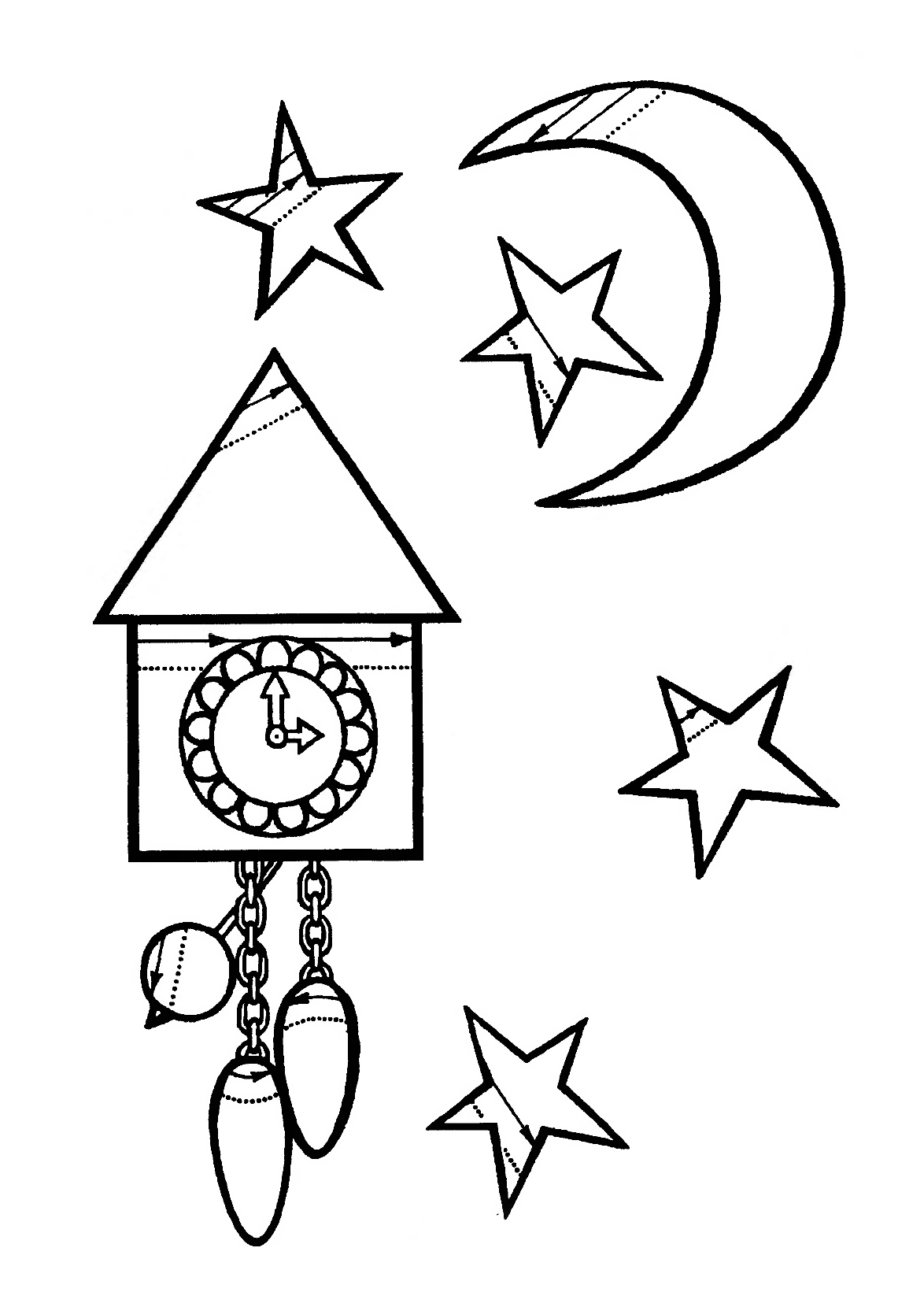 Месяц звезды и часы. Задание на штриховку для детей 5 - 6 лет №685. Прописи онлайн. Раскраски штриховки для развития мелкой моторики.