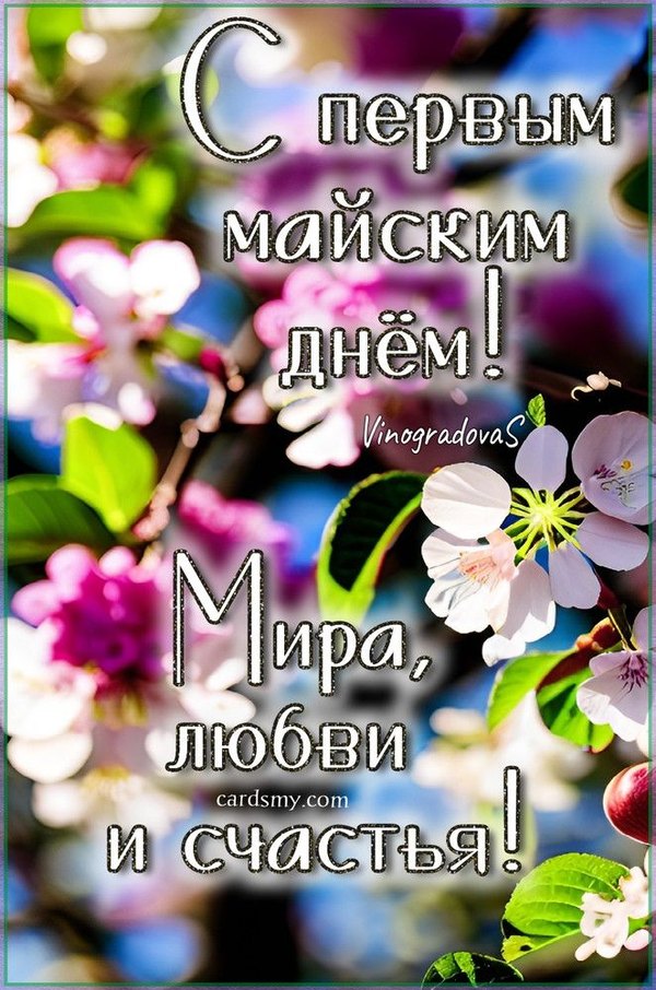 Открытка С первым майским днём. Мира, любви, счастья. Открытки на 1 Мая №871. Открытки. Готовые открытки на 1 Мая.