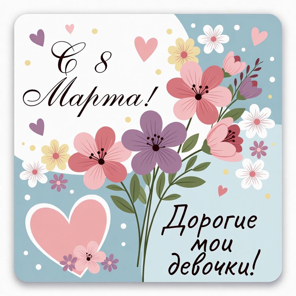 Детскиая открытка на 8 Марта для девочек и одноклассниц №1650. Открытки. Акварельные открытки на 8 марта.