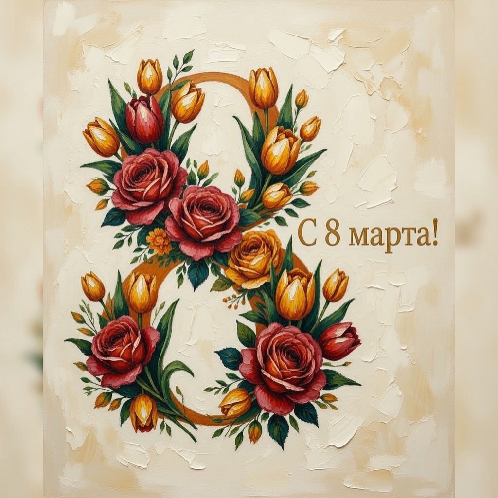 Открытка с 8 Марта для девушки или жены №1632. Открытки. Акварельные открытки на 8 марта.