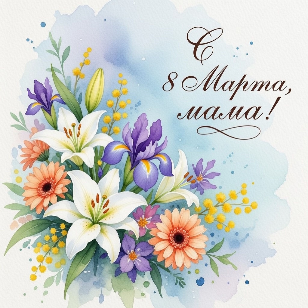 Открытка с 8 Марта для мамы №1615. Открытки. Акварельные открытки на 8 марта.