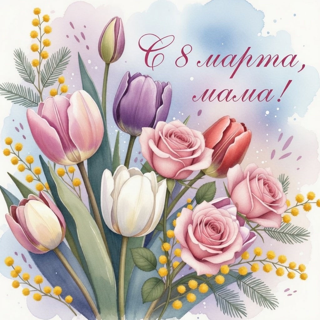 Открытка с 8 Марта для мамы №1616. Открытки. Акварельные открытки на 8 марта.