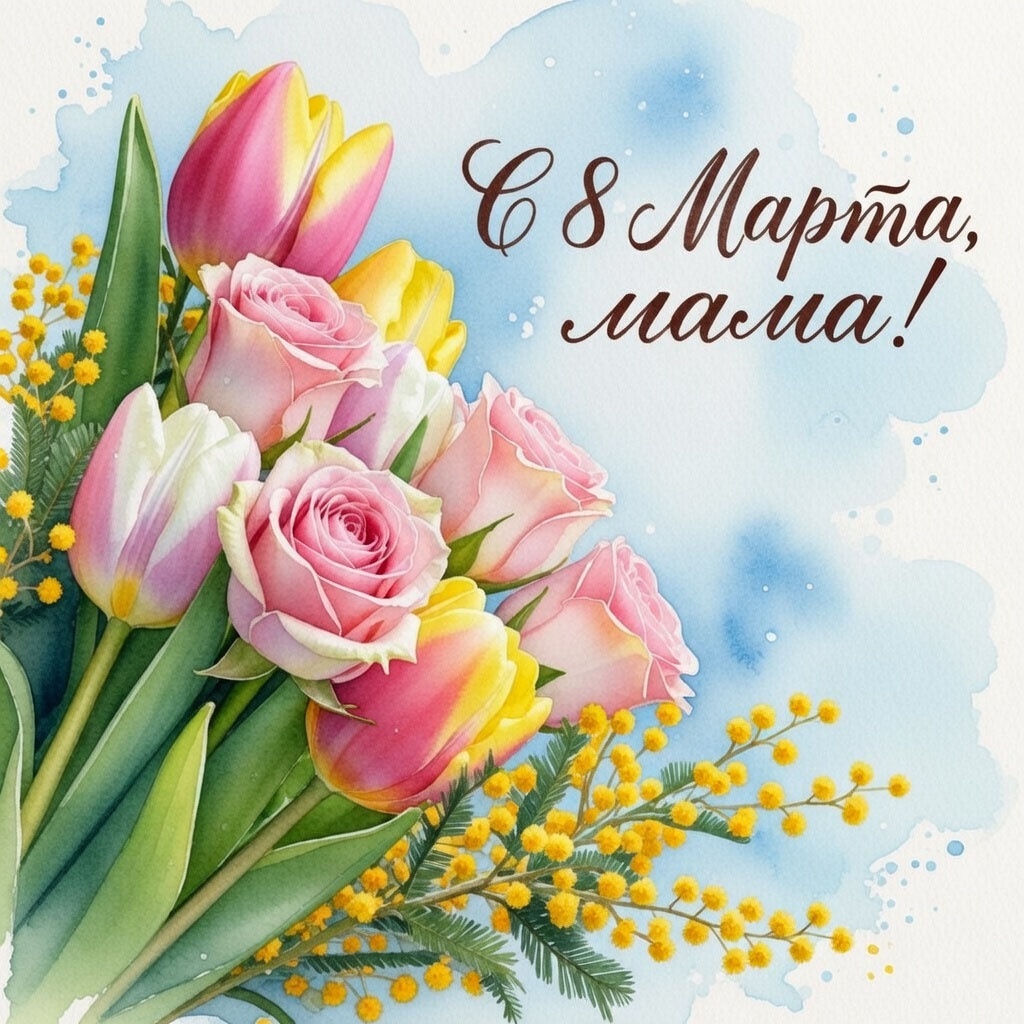 Открытка с 8 Марта для мамы №1618. Открытки. Акварельные открытки на 8 марта.