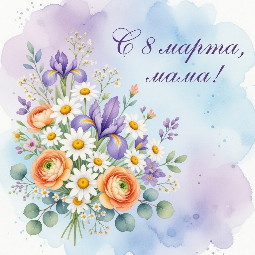 Открытка с 8 Марта для мамы №1619. Открытки. Акварельные открытки на 8 марта.