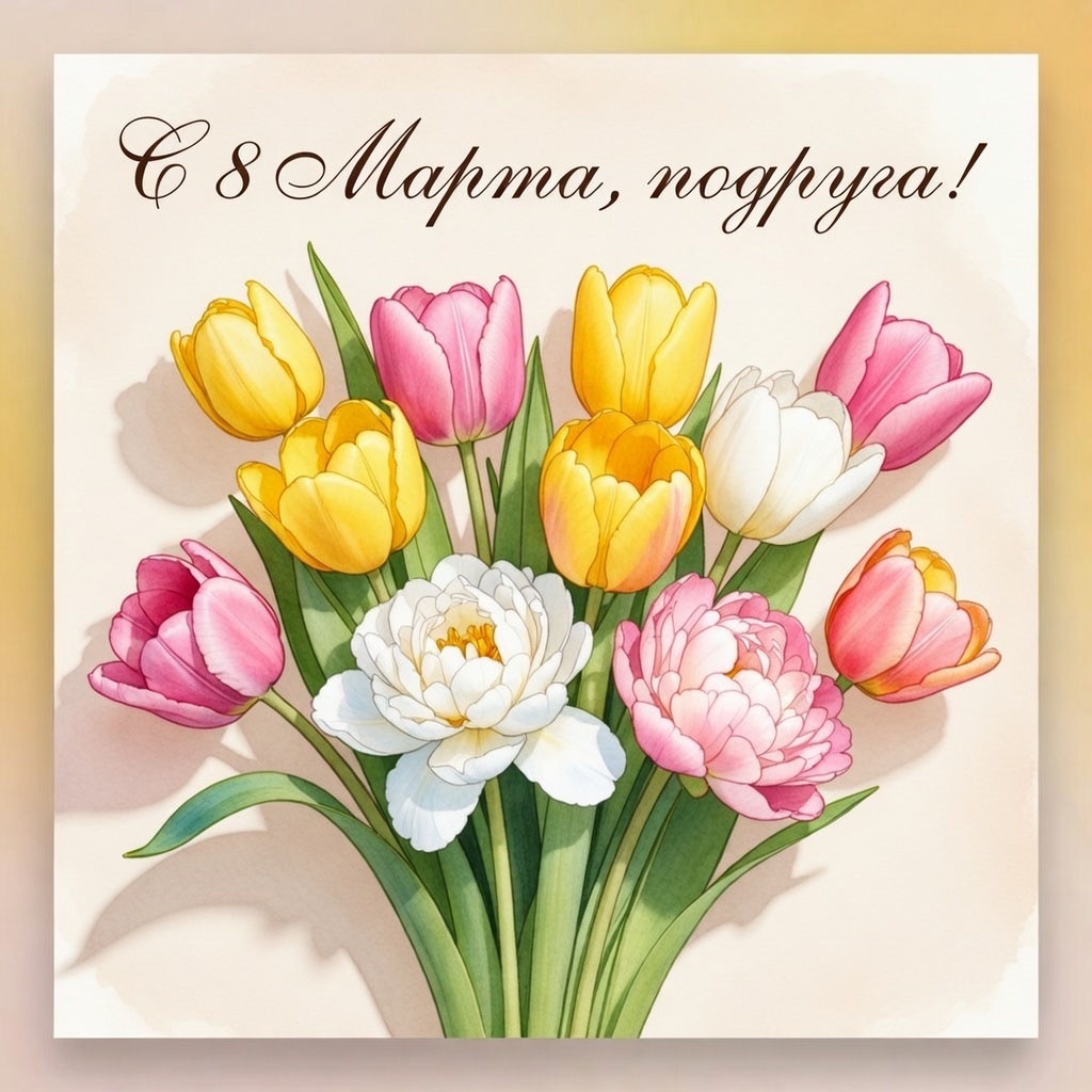 Открытка с 8 Марта для подруги №1625. Открытки. Акварельные открытки на 8 марта.