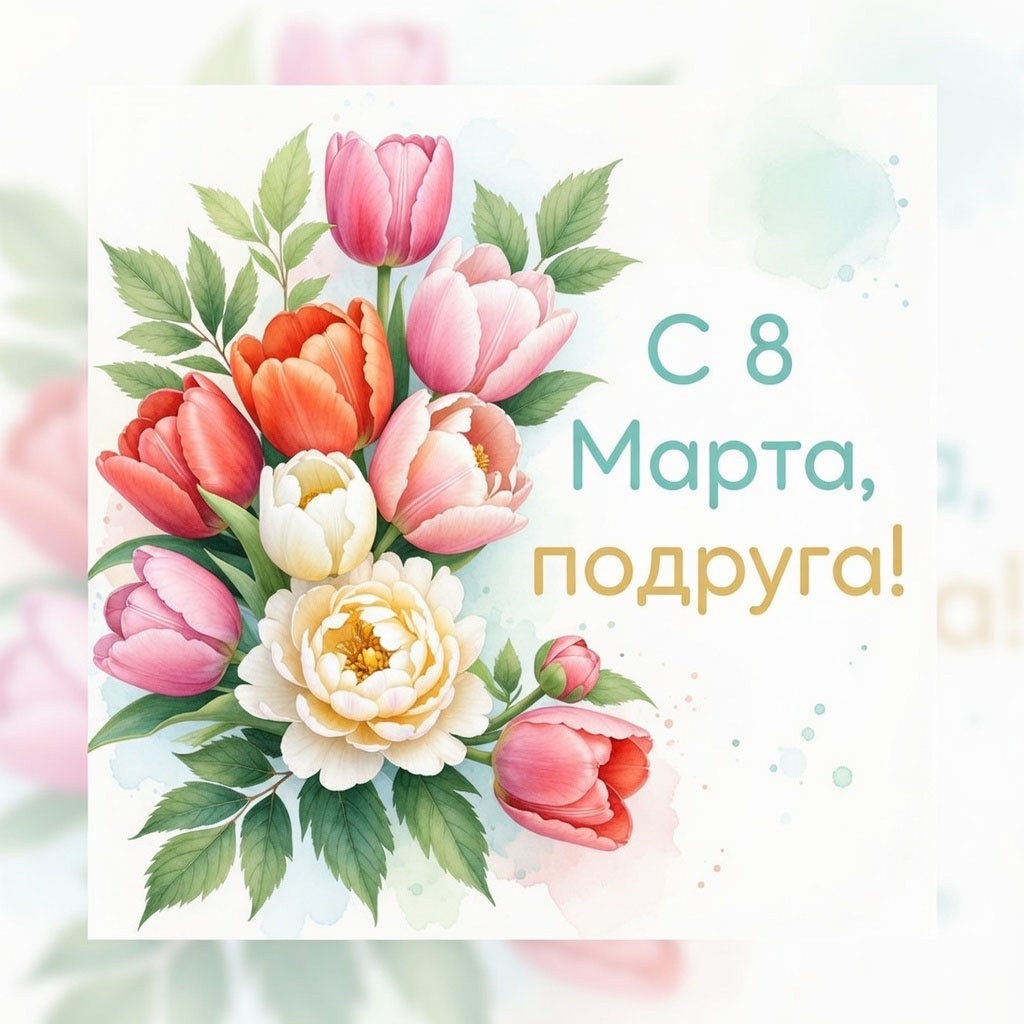 Открытка с 8 Марта для подруги №1626. Открытки. Акварельные открытки на 8 марта.