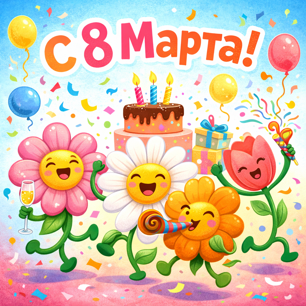 Прикольная открытка с 8 Марта №1662. Открытки. Акварельные открытки на 8 марта.