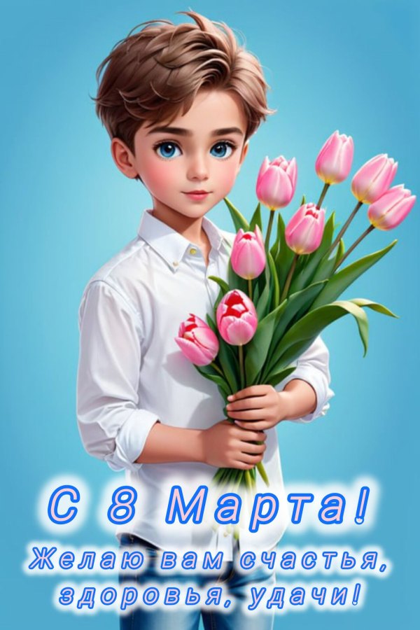 С 8 марта. Желаю вам счастья, здоровья, удачи. Мальчик с букетом цветов. Красивые открытки С 8 марта №825. Открытки. Готовые открытки с 8 марта.