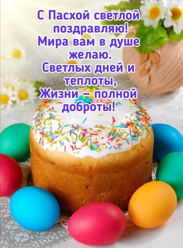 Открытка: кулич и разноцветные пасхальные яйца. Открытки на Пасху №916. Открытки. Готовые открытки на Пасху.