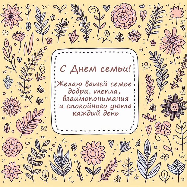 Картинка с душевным поздравлением на День семьи, любви и верности №1919. Открытки. Готовые открытки с днем семьи, любви и верности.