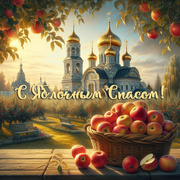 Душевная открытка для поздравления с Яблочным Спасом №2008. Открытки. Готовые открытки с яблочным спасом.