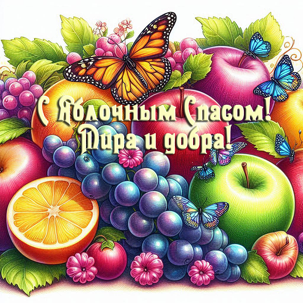 Картинка с поздравлением на Яблочный Спас №2024. Открытки. Готовые открытки с яблочным спасом.
