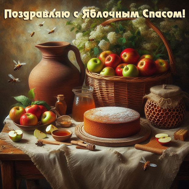 Картинка с поздравлением на Яблочный Спас №2009. Открытки. Готовые открытки с яблочным спасом.