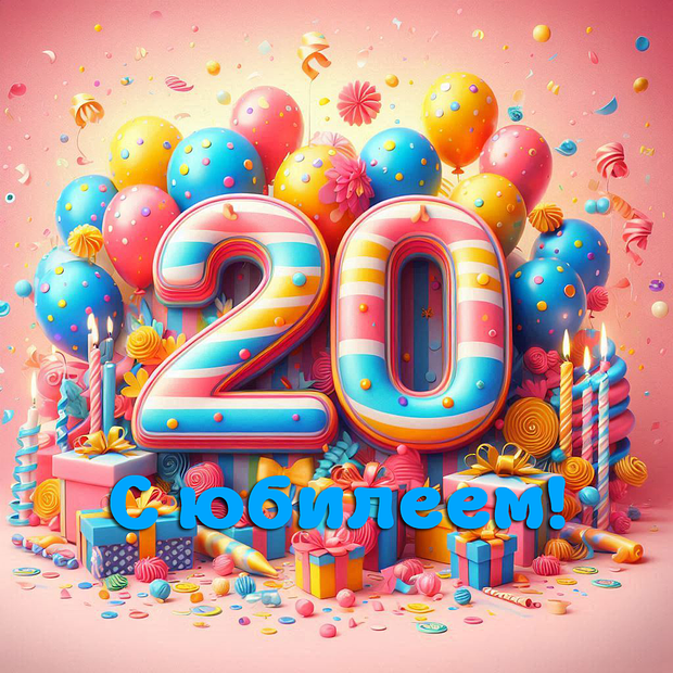 Открытка на юбилей в 20 лет №1798. Открытки. Готовые открытки с юбилеем.