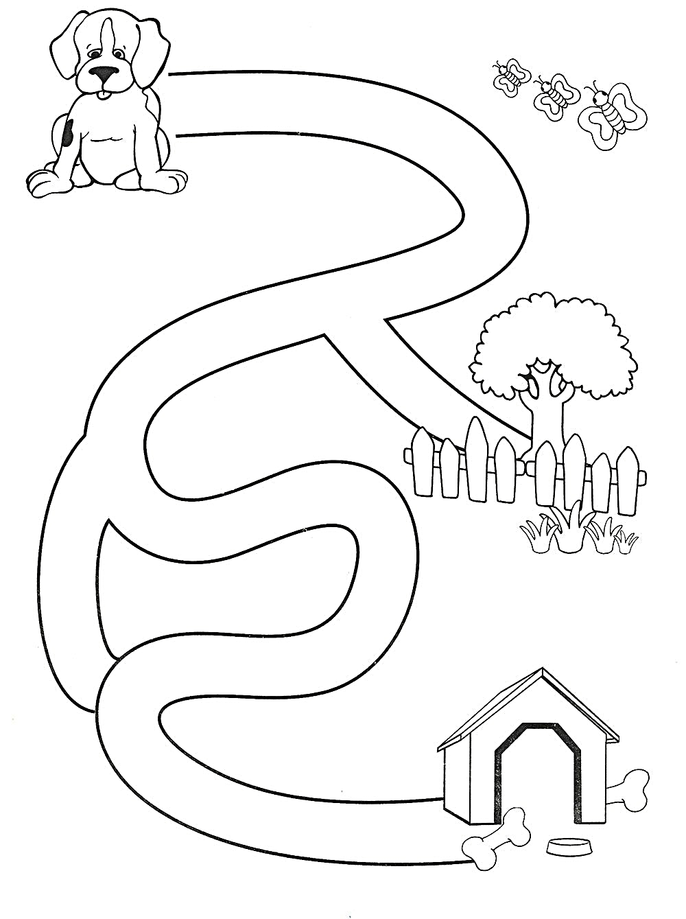 Лабиринт для детей 4-7 лет, собака в лабиринте №1056. Печатные игры. Лабиринты для детей.