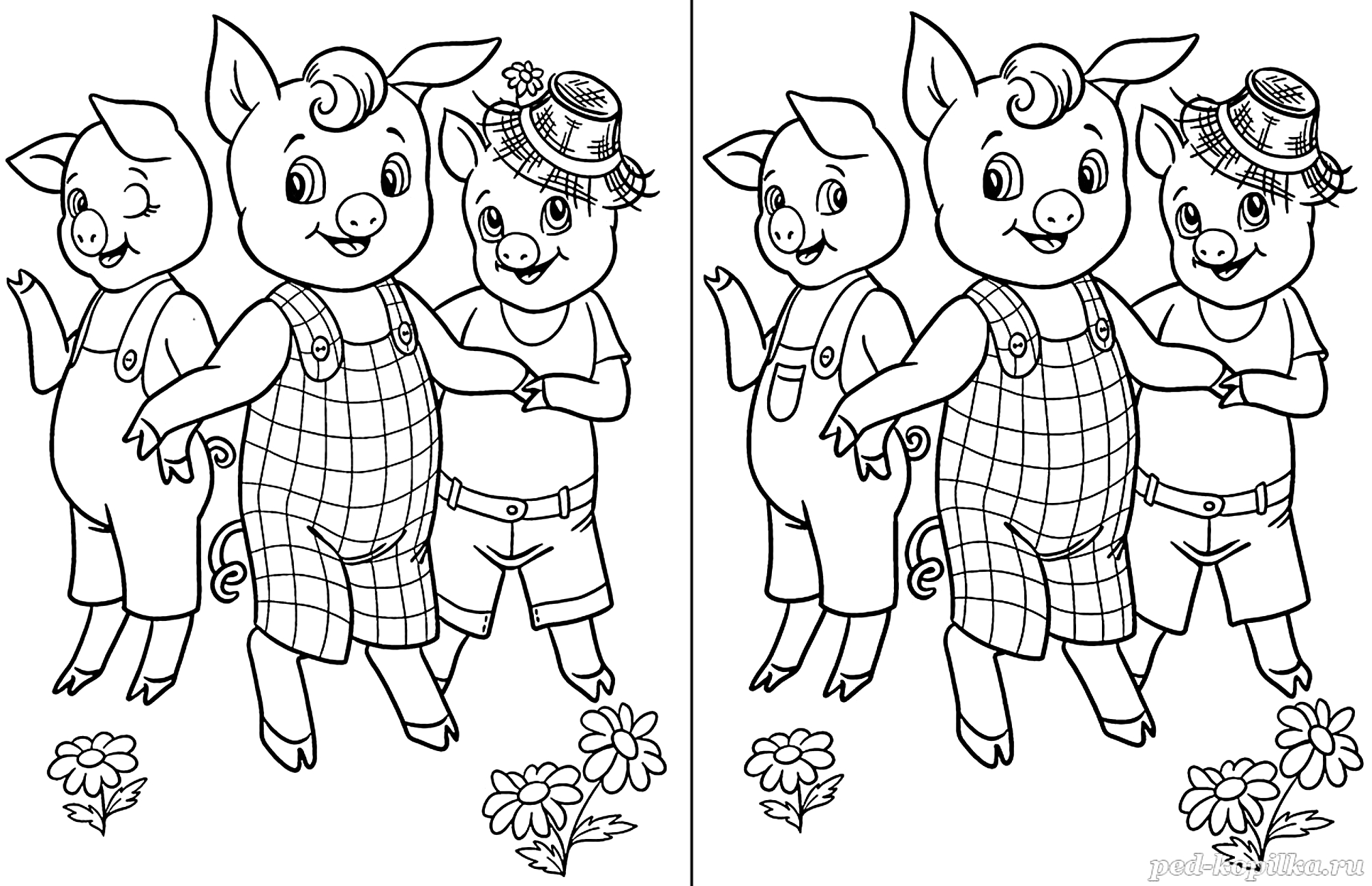 Задание для детей 4-6 лет. Найди отличия, три поросёнка №1160. Печатные игры. Найди отличия.