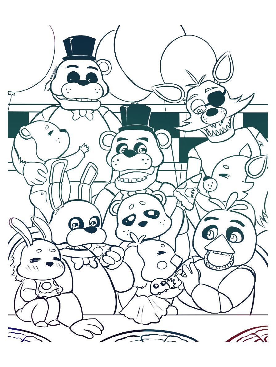 Дружная компания аниматроников №1417. Популярные раскраски. ФНАФ FNAF (Five Nights at Freddy’s) и Аниматроники.