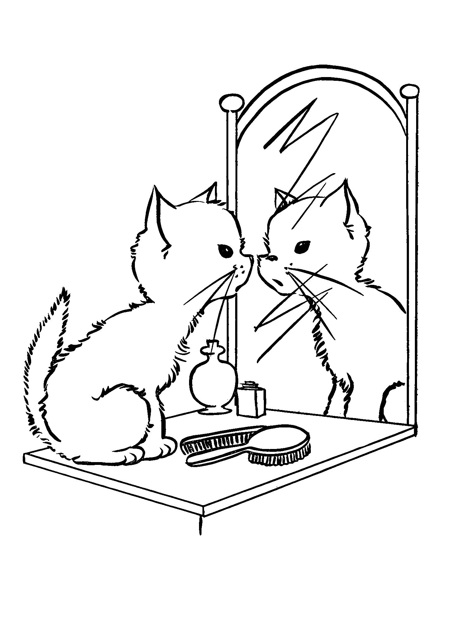Кошечка смотрит в зеркало №2842. Популярные раскраски. Коты, кошки, котята.