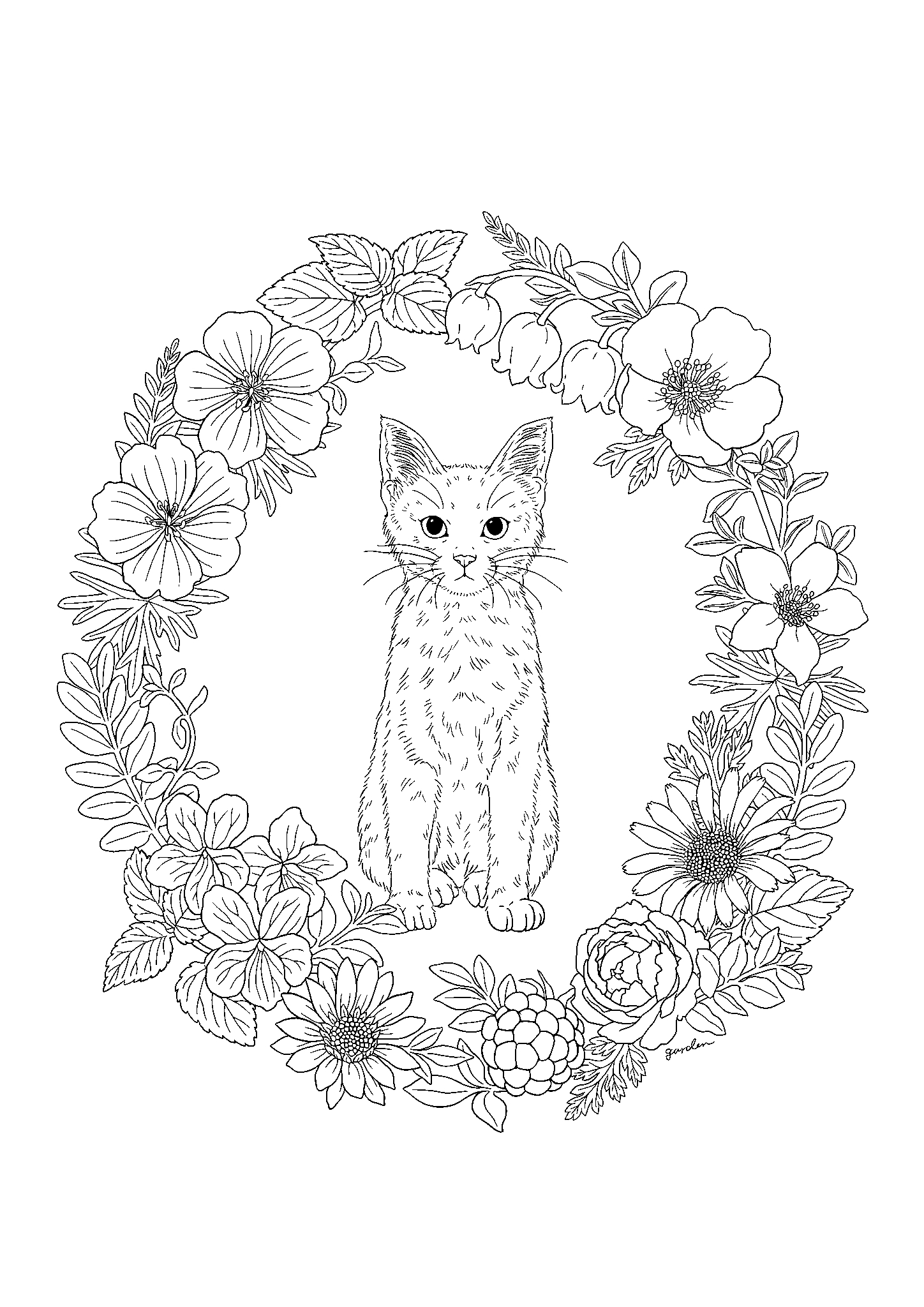 Кошка и венок №2845. Популярные раскраски. Коты, кошки, котята.