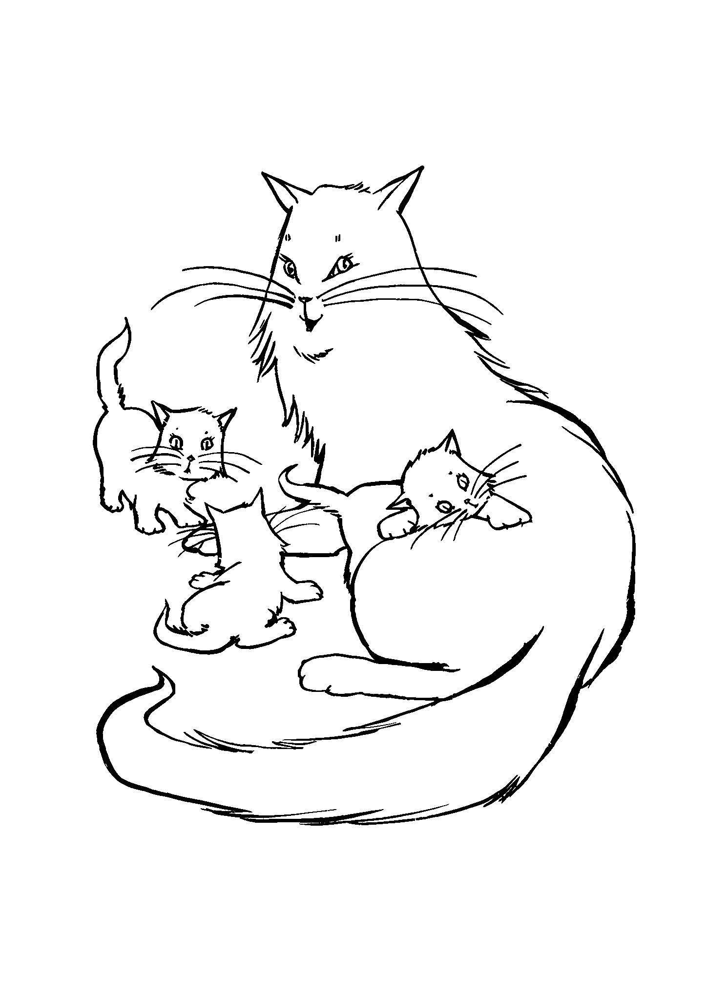 Котята играют с кошкой №2835. Популярные раскраски. Коты, кошки, котята.