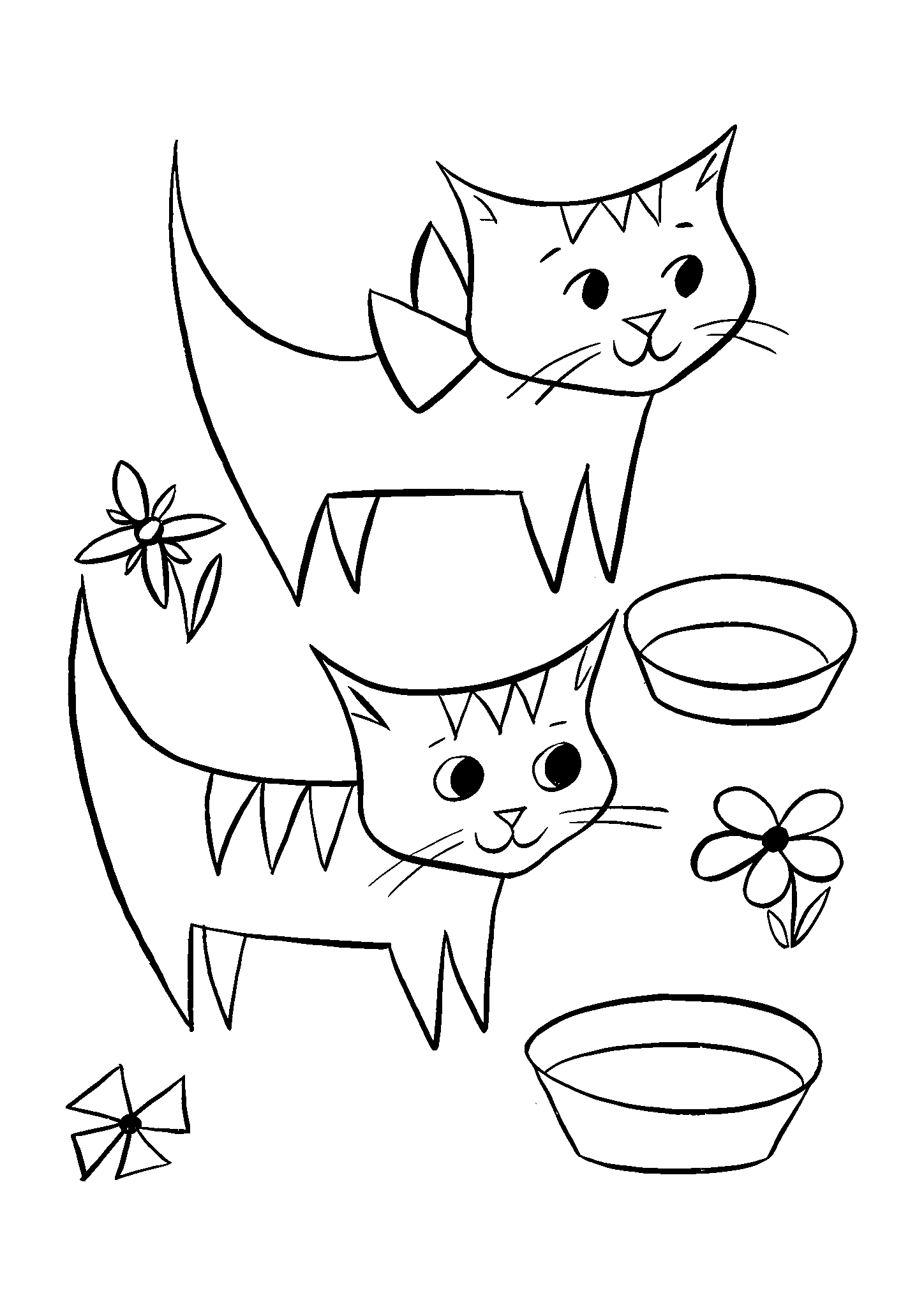 Котята у мисок №2838. Популярные раскраски. Коты, кошки, котята.
