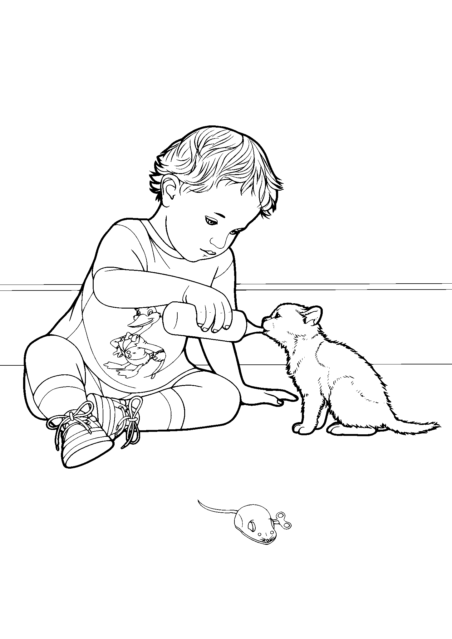 Ребенок поит котенка №2867. Популярные раскраски. Коты, кошки, котята.