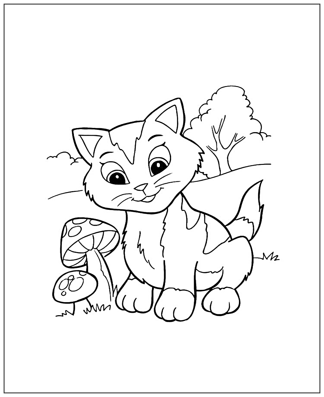 Кошка с грибами №1922. Популярные раскраски. Коты, кошки, котята.