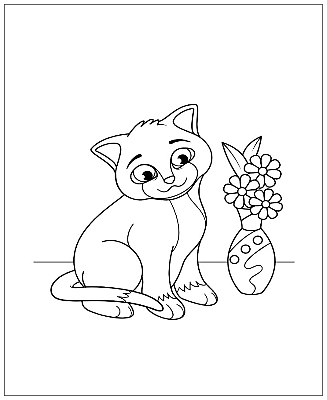 Кошечка с цветами №1947. Популярные раскраски. Коты, кошки, котята.