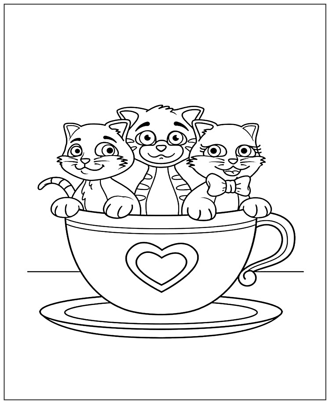 Котята в чашке №1949. Популярные раскраски. Коты, кошки, котята.