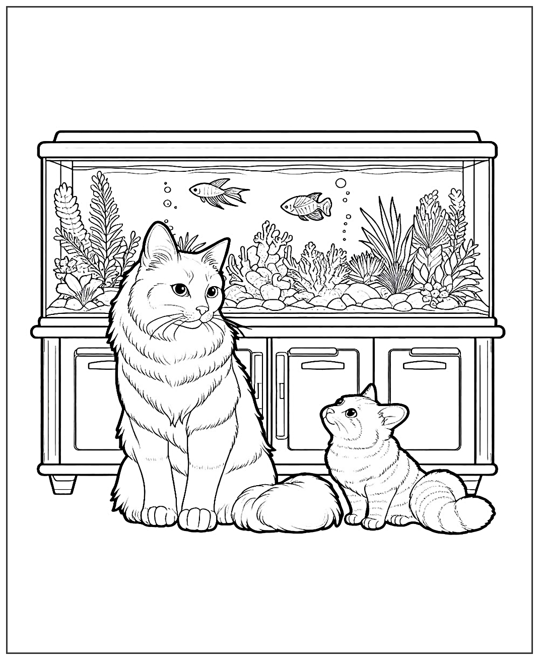 Кошка с котенком у аквариума №1962. Популярные раскраски. Коты, кошки, котята.
