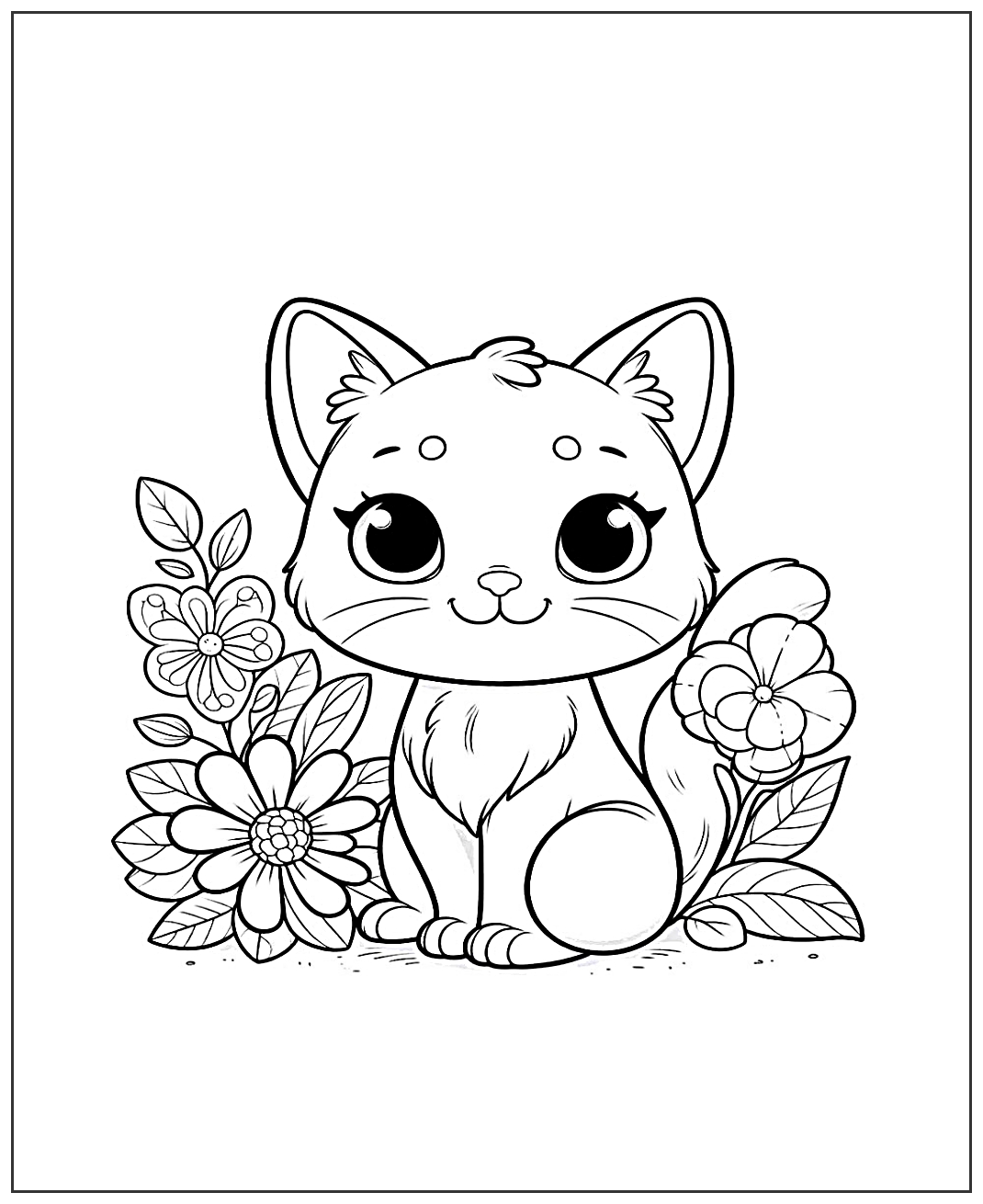 Кошка в цветах №1975. Популярные раскраски. Коты, кошки, котята.