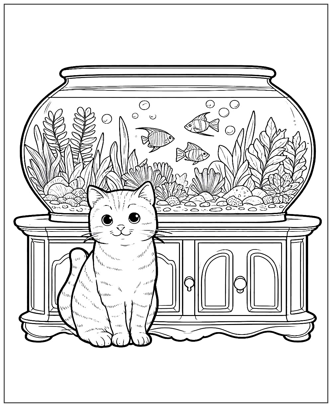 Кошка у аквариума №1986. Популярные раскраски. Коты, кошки, котята.