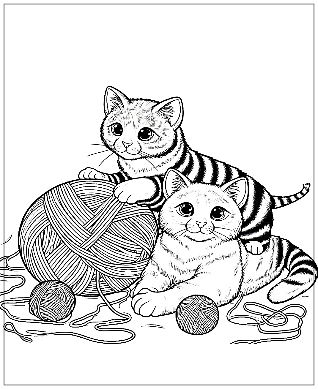 Кошки играют с нитками №1996. Популярные раскраски. Коты, кошки, котята.