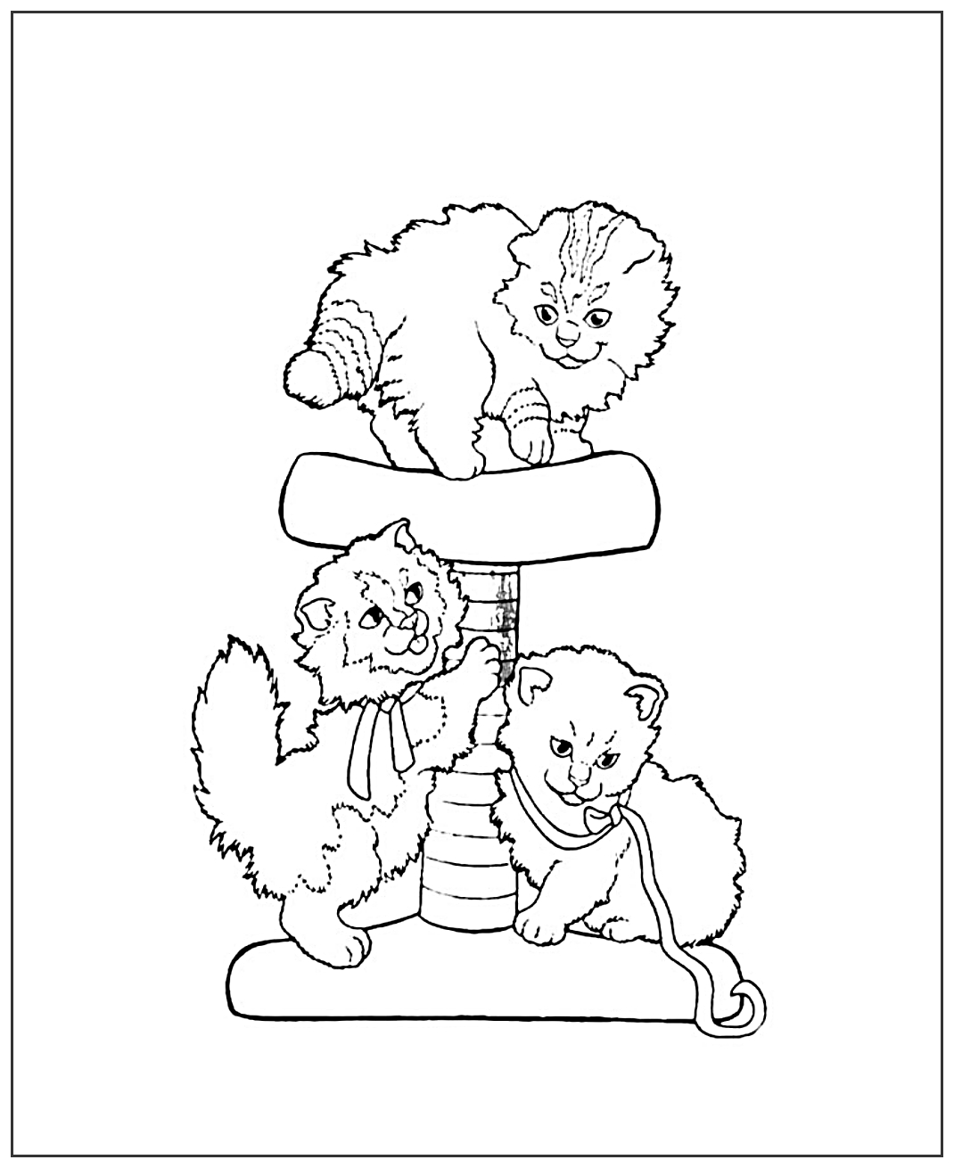 Котята играют с когтеточкой №2033. Популярные раскраски. Коты, кошки, котята.