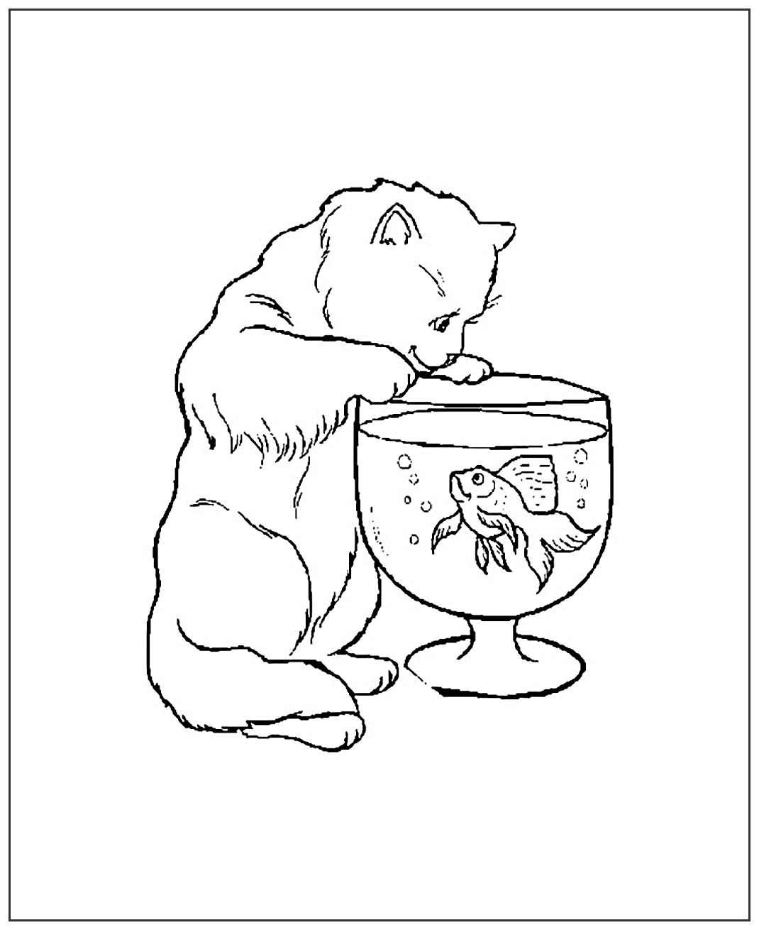 Киска играет с рыбкой №2041. Популярные раскраски. Коты, кошки, котята.