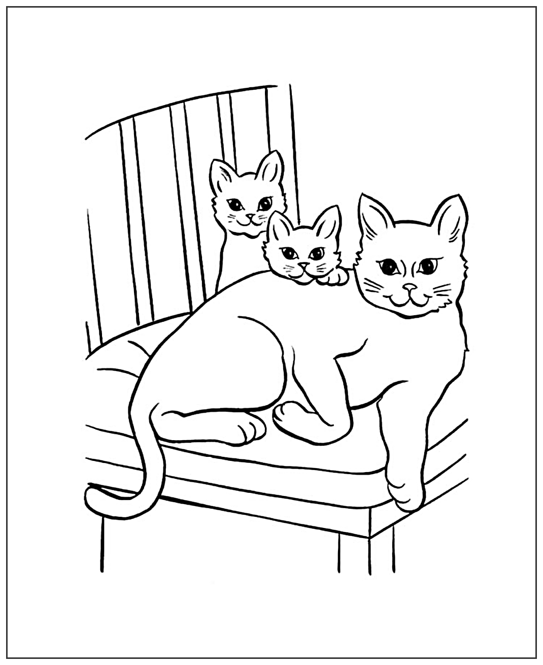 Кошка с котятами на стуле №2045. Популярные раскраски. Коты, кошки, котята.