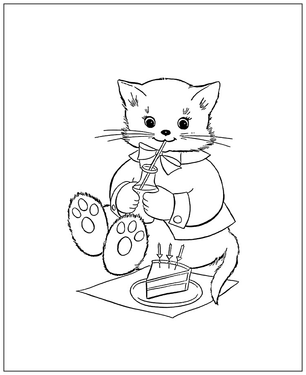 Кошечка с кусочком торта №2046. Популярные раскраски. Коты, кошки, котята.