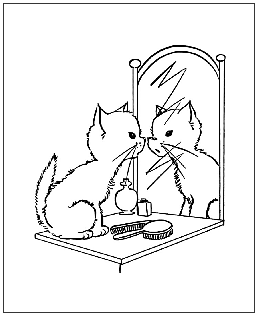 Котик смотрит в зеркало №2048. Популярные раскраски. Коты, кошки, котята.