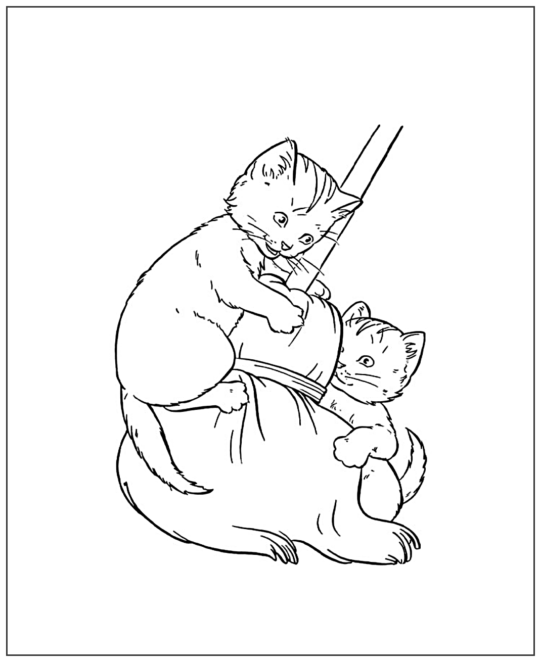Котята играют с метлой №2049. Популярные раскраски. Коты, кошки, котята.