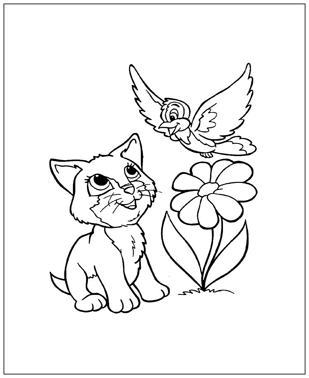 Котенок и птичка №2027. Популярные раскраски. Коты, кошки, котята.